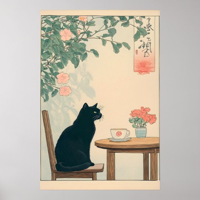 Svart Katt Och Kaffe Tryck Ukiyo-e Japandi Konst (Framsidan)