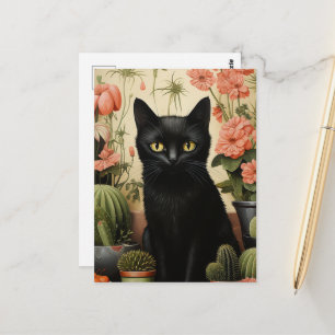Svart katt och kaktusväxter vykort
