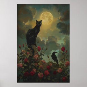 Svart katt och korp med rosor under fullmåne poster