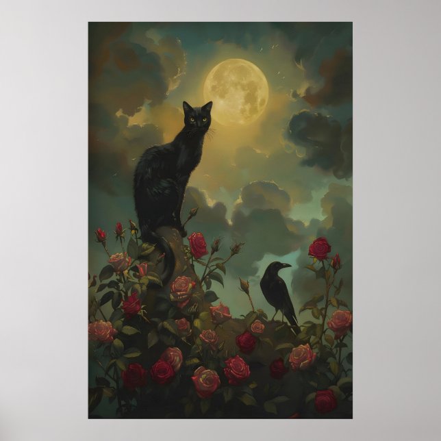 Svart katt och korp med rosor under fullmåne poster (Framsidan)