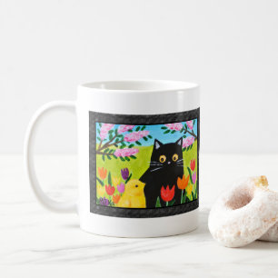 Svart Katt och Kyckling Söt Folklig Konst Kattälsk Kaffemugg