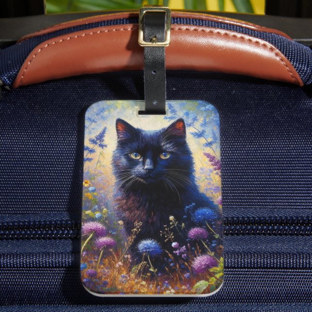 Svart katt och Lila Wildblommor Oljemålning Bagagebricka (Framsida Insitu 2)