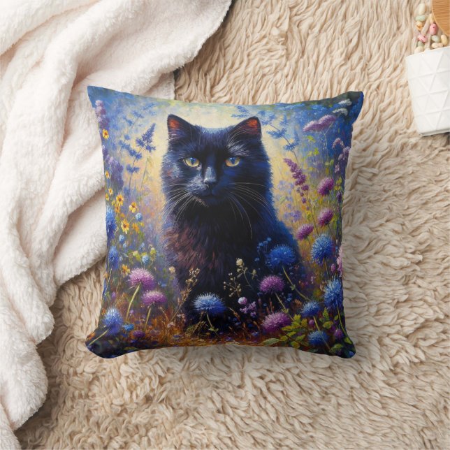 Svart katt och Lila Wildblommor Oljemålning Kudde (Filt)