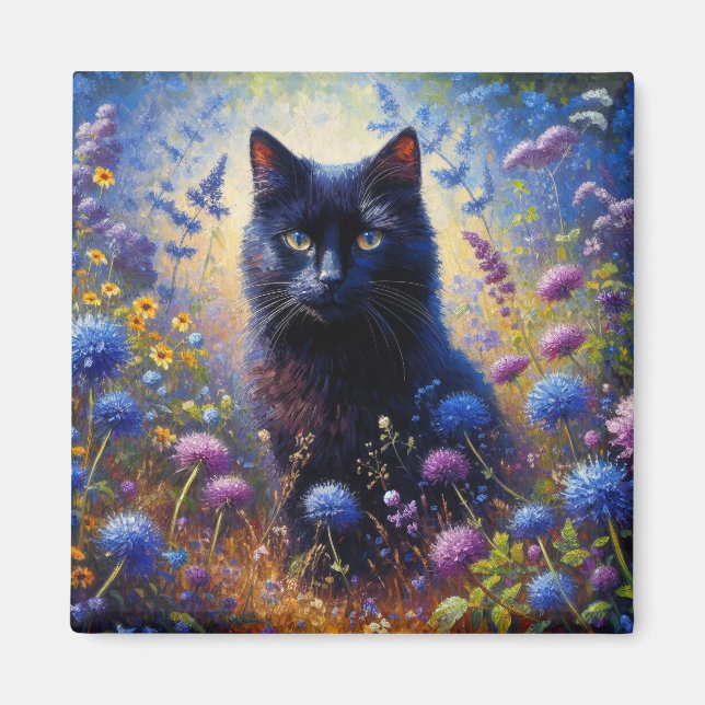 Svart katt och Lila Wildblommor Oljemålning Magnet (Framsidan)