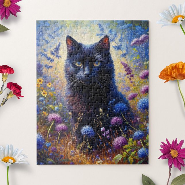 Svart katt och Lila Wildblommor Oljemålning Pussel (Skapare uppladdad)