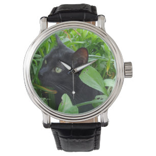 Svart katt och lövverkklocka armbandsur