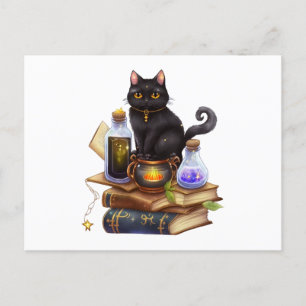Svart katt och magiska förnödenheter vykort