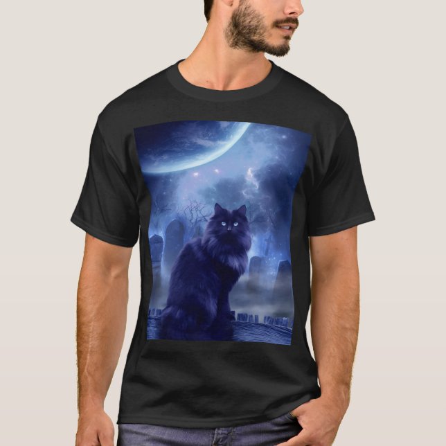svart katt och månljus för män t shirt (Framsida)