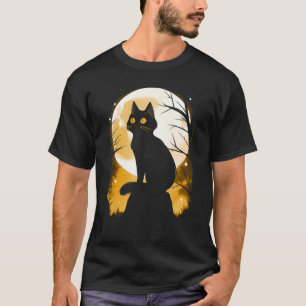 Svart katt och orange fullmåne Halloween Enkel kos T Shirt