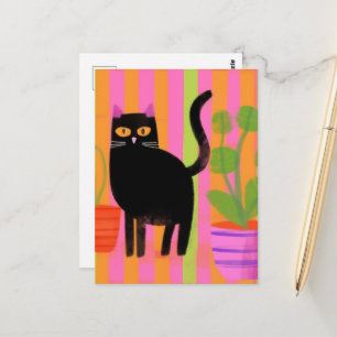 Svart katt och plantor vykort