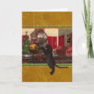 Svart katt och prydnadar - god jul helgkort