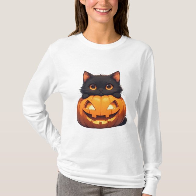 Svart katt och pumpafältsscen t shirt (Framsida)