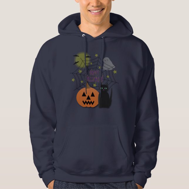 Svart Katt och Pumpkin, inte Scary Halloween Hoodie (Framsida)