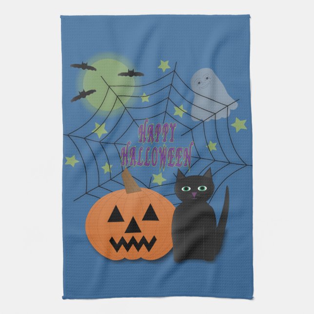 Svart Katt och Pumpkin, inte Scary Halloween Kökshandduk (Vertikal)