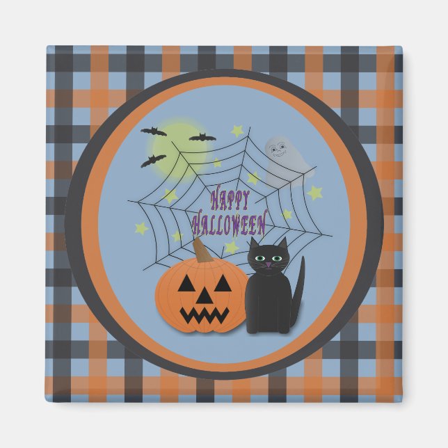 Svart Katt och Pumpkin, inte Scary Halloween Magnet (Framsidan)