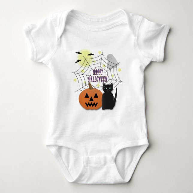 Svart Katt och Pumpkin, inte Scary Halloween T Shirt (Framsida)
