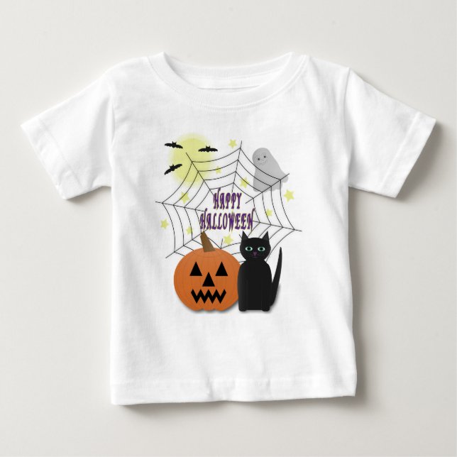 Svart Katt och Pumpkin, inte Scary Halloween T Shirt (Framsida)