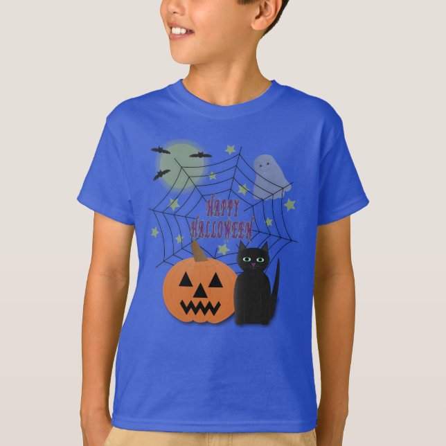 Svart Katt och Pumpkin, inte Scary Halloween T Shirt (Framsida)