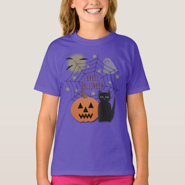 Svart Katt och Pumpkin, inte Scary Halloween T Shirt (Framsida)