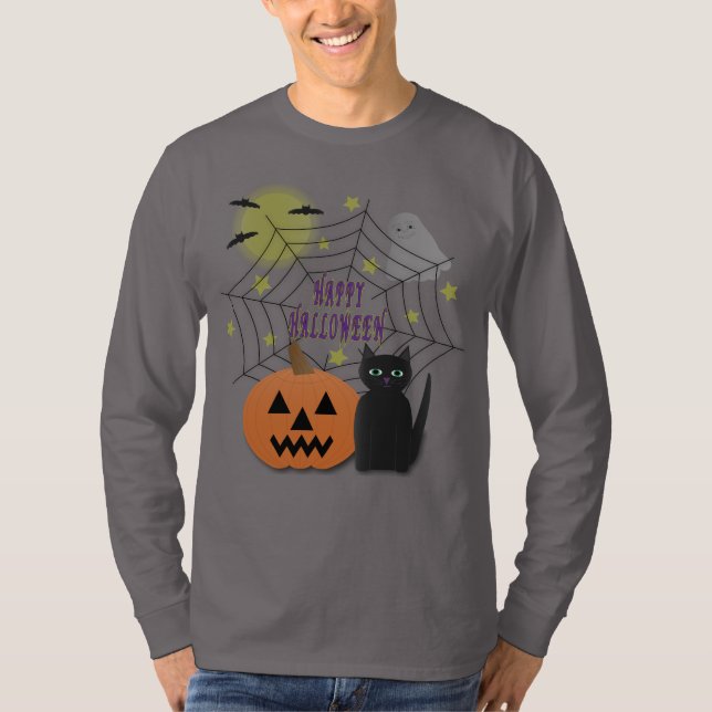 Svart Katt och Pumpkin, inte Scary Halloween T Shirt (Framsida)
