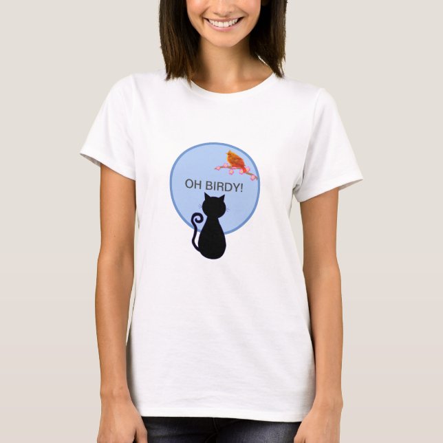 Svart katt och röd fågel t shirt (Framsida)