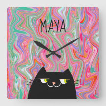 Svart katt och Rosa Artsy Mönster Monogram Namn