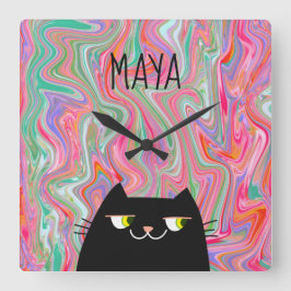 Svart katt och Rosa Artsy Mönster Monogram Namn Fyrkantig Klocka