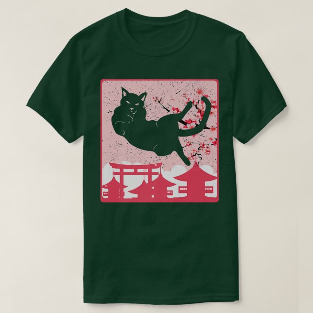 Svart katt och sakura Anime T Shirt (Design framsida)