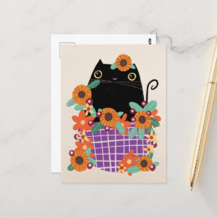 Svart katt och solblommor vykort
