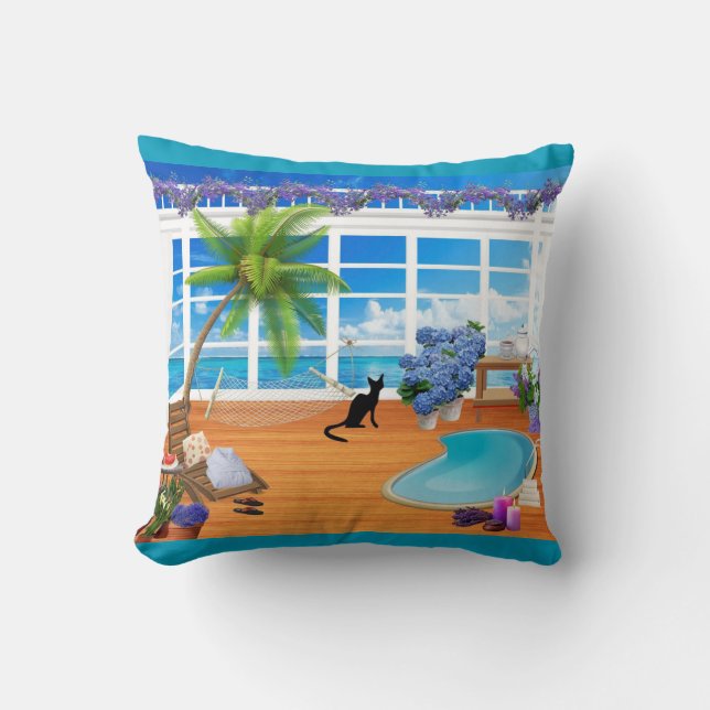 Svart katt och strandkudde kudde (Framsida)