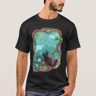 Svart katt och surrealism Koi-damm Natthimmel Vatt T Shirt
