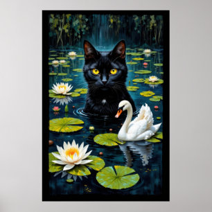 Svart katt och svan i en damm fylld med vatten poster