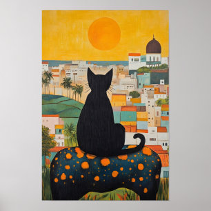 Svart katt och vacker stad poster