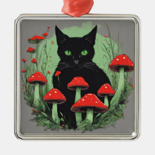 Svart katt och Vild Röda svampar Julgransprydnad Metall