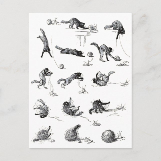 Svart katt- och Woolengarn boll, Alexandre Steinle Vykort (Framsida)