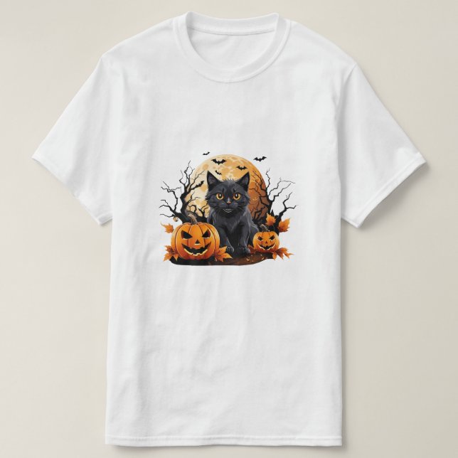 Svart katt omgiven av pumpor t shirt (Design framsida)