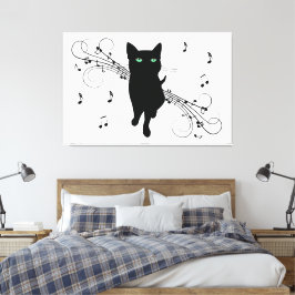 Svart katt omgiven av viskande musiknoter canvastryck