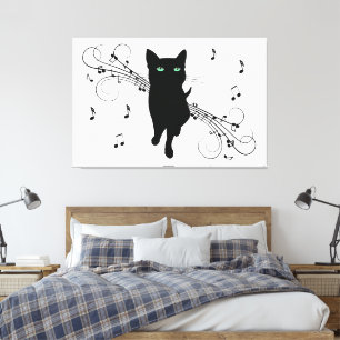 Svart katt omgiven av viskande musiknoter canvastryck