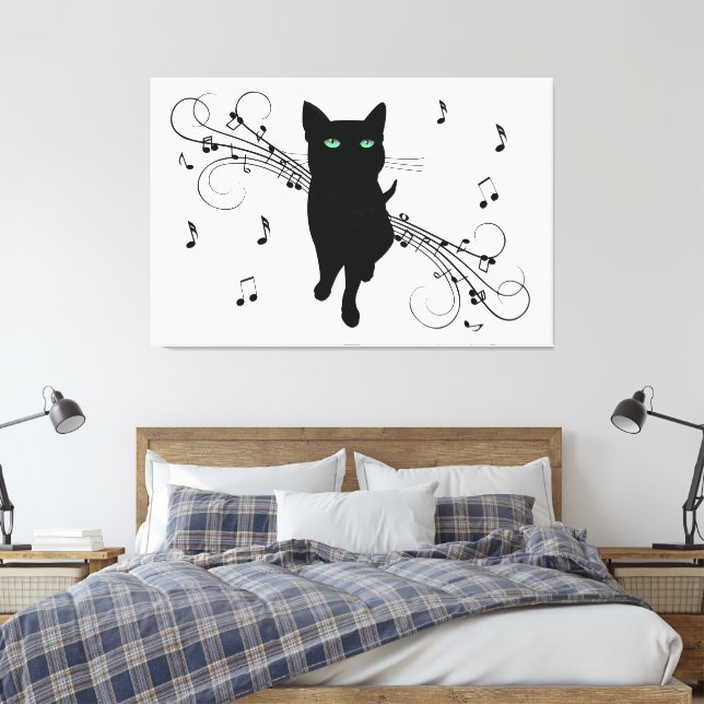 Svart katt omgiven av viskande musiknoter canvastryck (Insitu (sovrum))