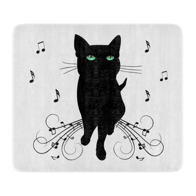 Svart katt omgiven av viskande toner av musik (Framsidan)