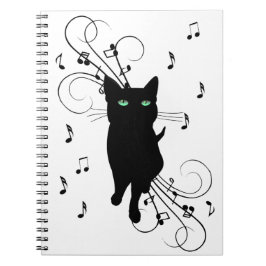 Svart katt omgiven av viskande toner av musik anteckningsbok