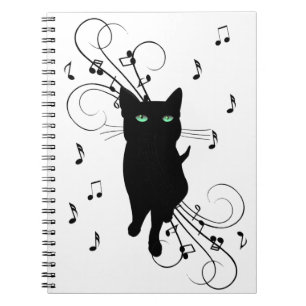 Svart katt omgiven av viskande toner av musik anteckningsbok
