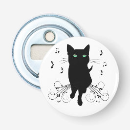 Svart katt omgiven av viskande toner av musik flasköppnare