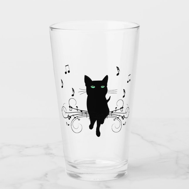 Svart katt omgiven av viskande toner av musik glaskopp (Framsida)