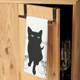Svart katt omgiven av viskande toner av musik kökshandduk
