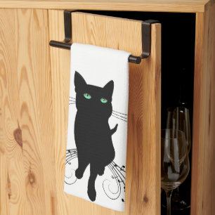 Svart katt omgiven av viskande toner av musik kökshandduk