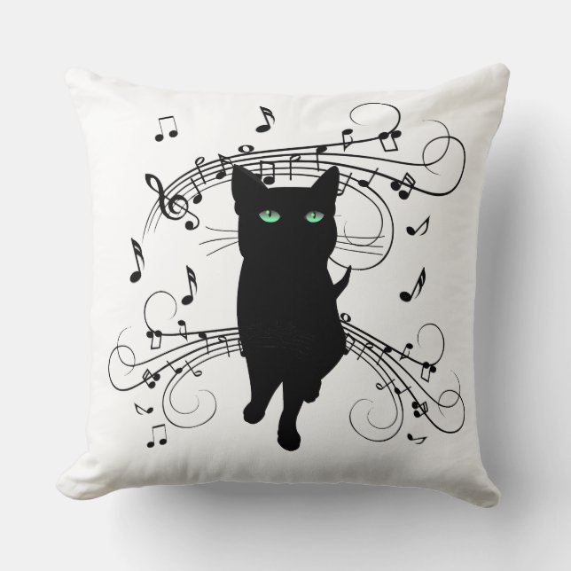 Svart katt omgiven av viskande toner av musik kudde (Framsida)