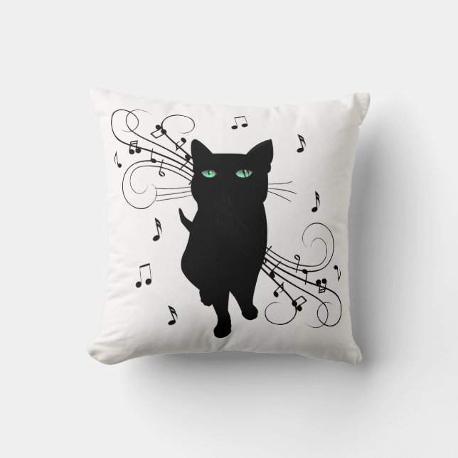 Svart katt omgiven av viskande toner av musik kudde (Framsida)