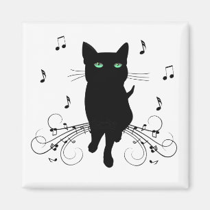 Svart katt omgiven av viskande toner av musik magnet