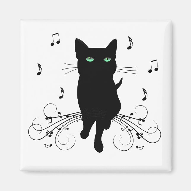 Svart katt omgiven av viskande toner av musik magnet (Framsidan)